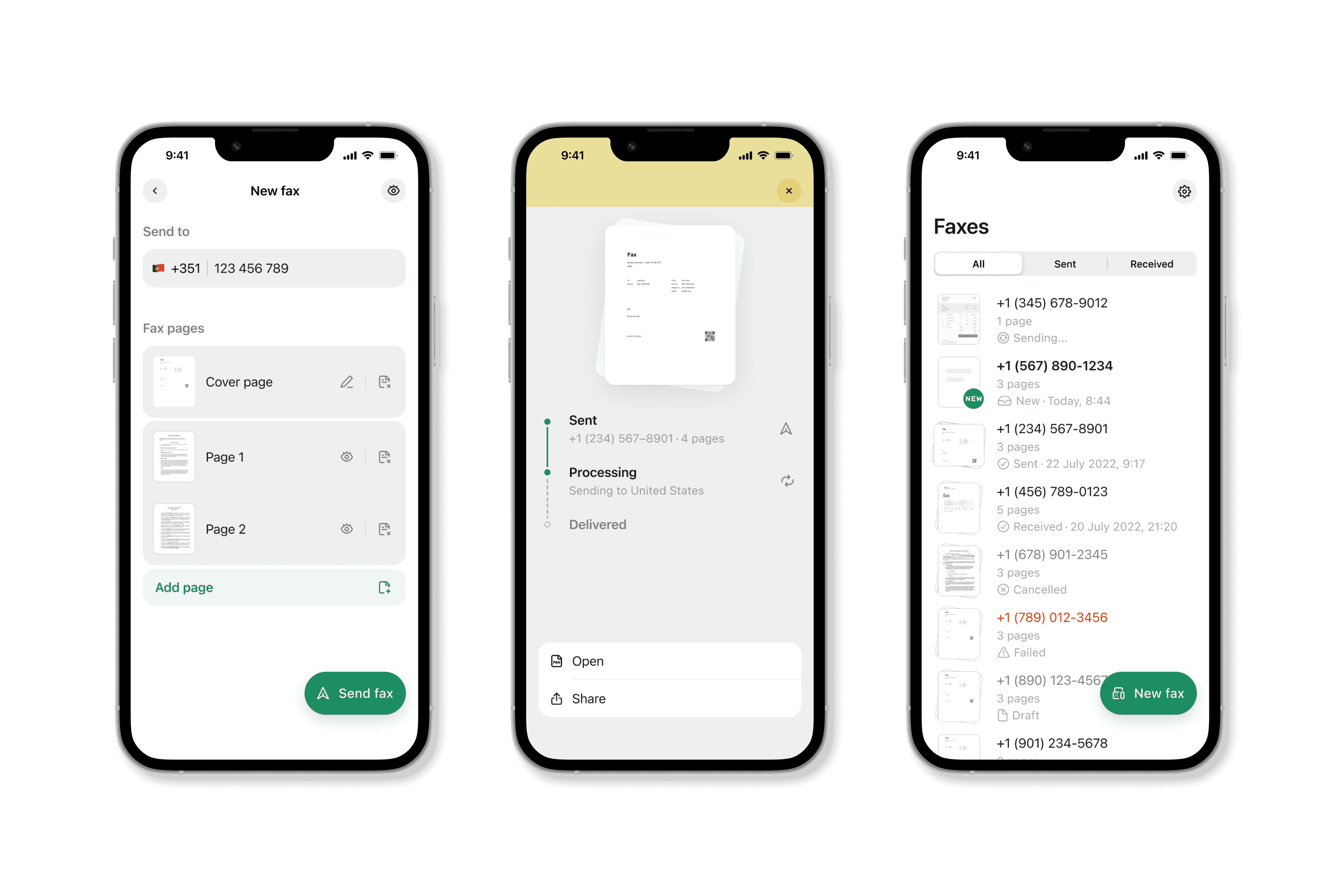 Three screens of the iPhone Fax app: new fax composition, sent fax status and the list of faxes