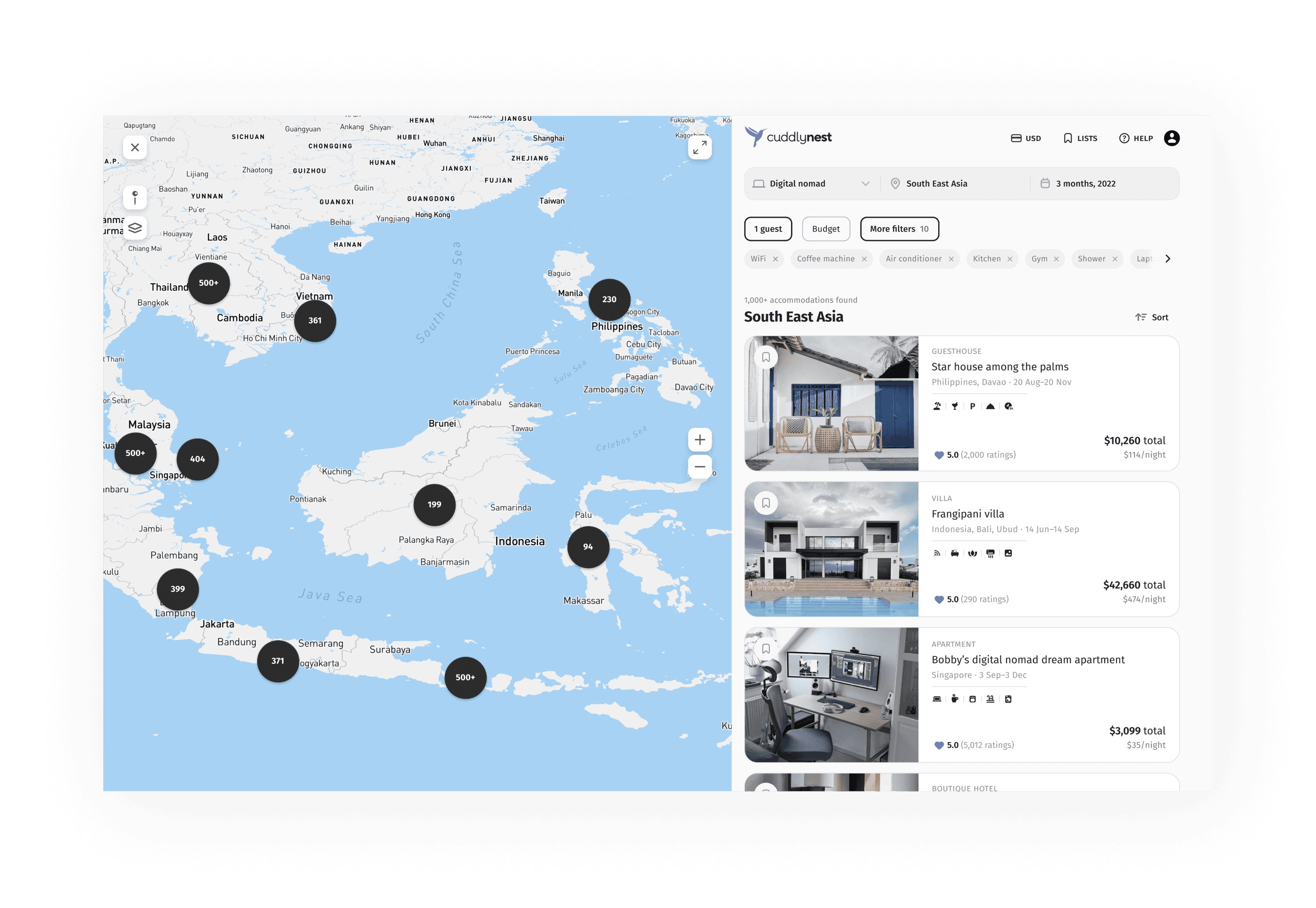 An image of search results in South East Asia for digital nomad trip