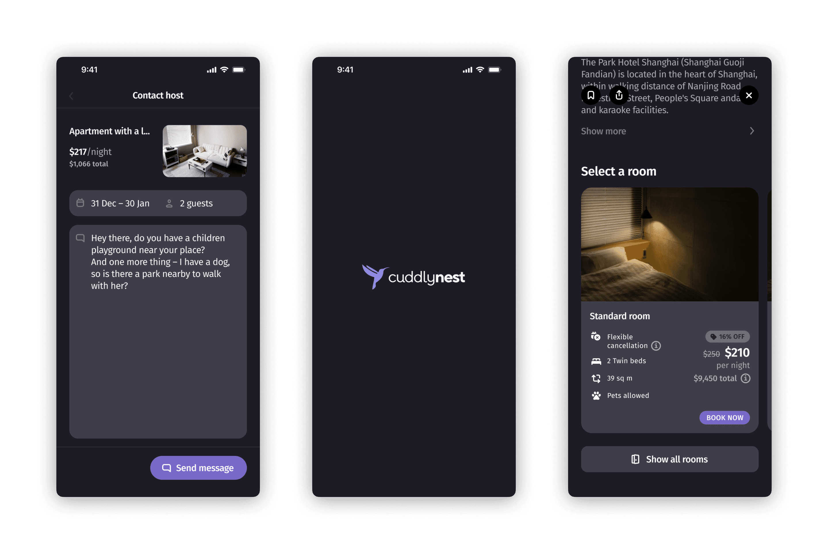 Three images of the app in the dark mode: contact host screen, splash screen with logo and select room screen