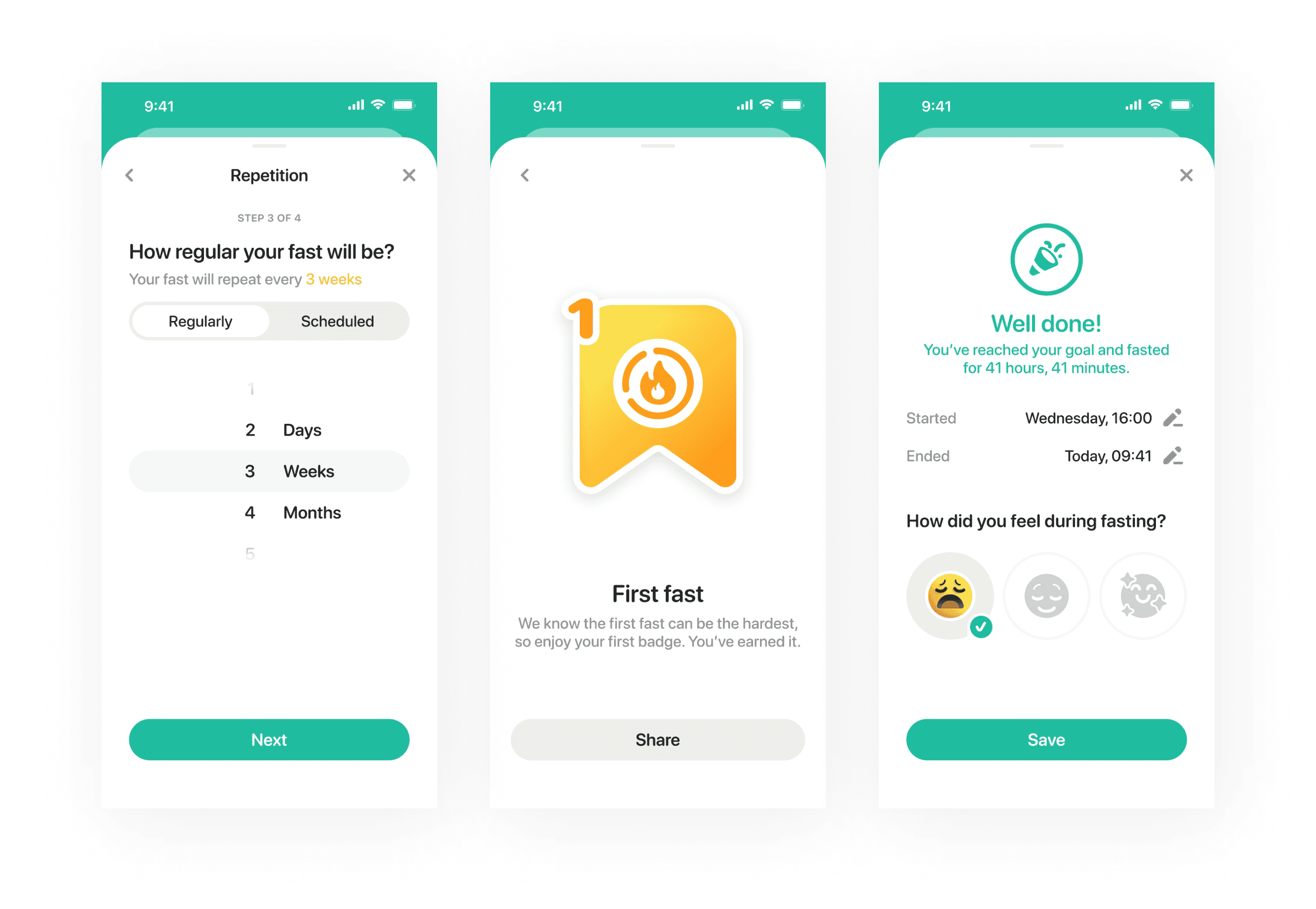 Image of three screens of fasting app: fast regularity picker, earned badge view and fast completion screen
