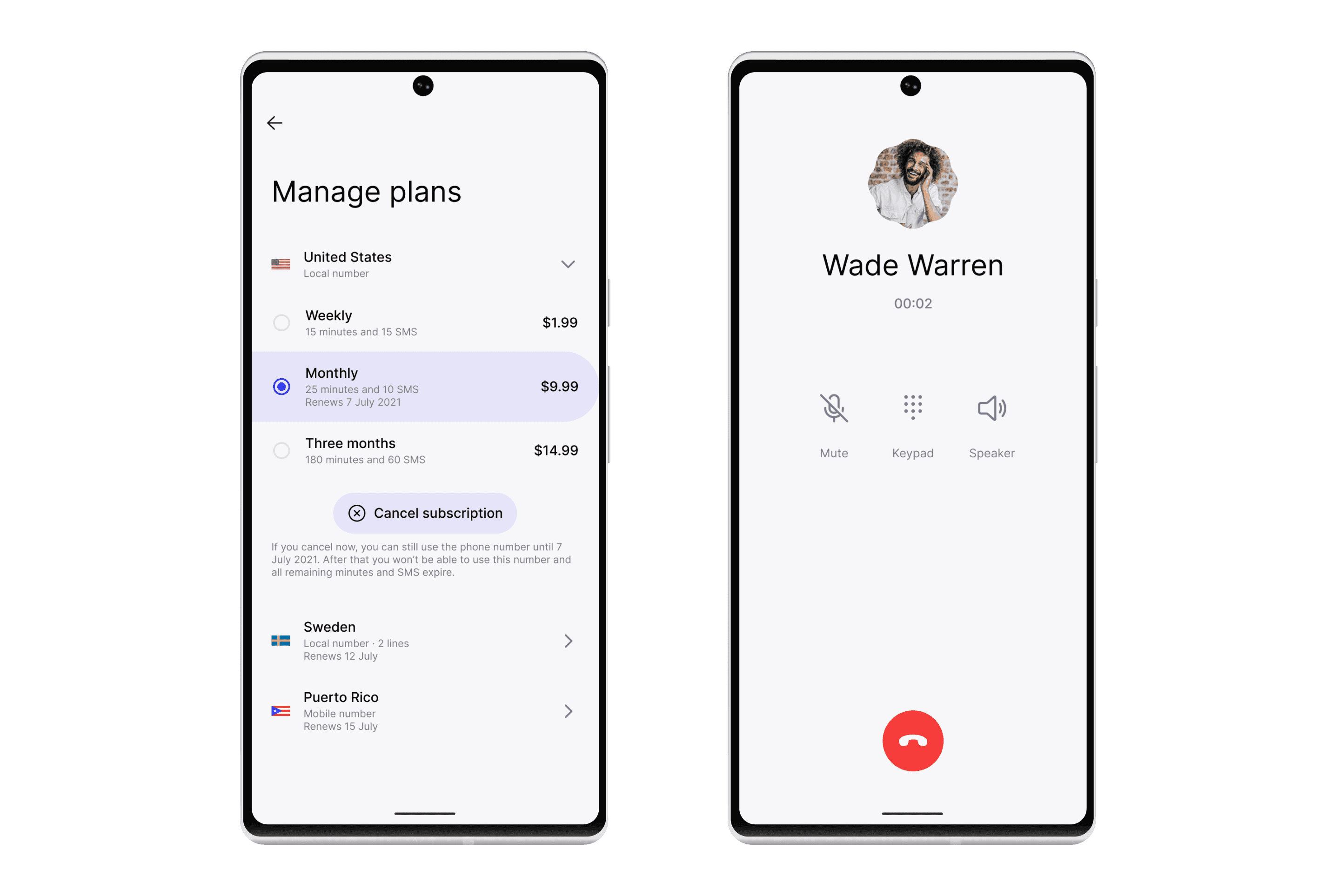 Two screens of Android Second Phone app: manage plans and ongoing call