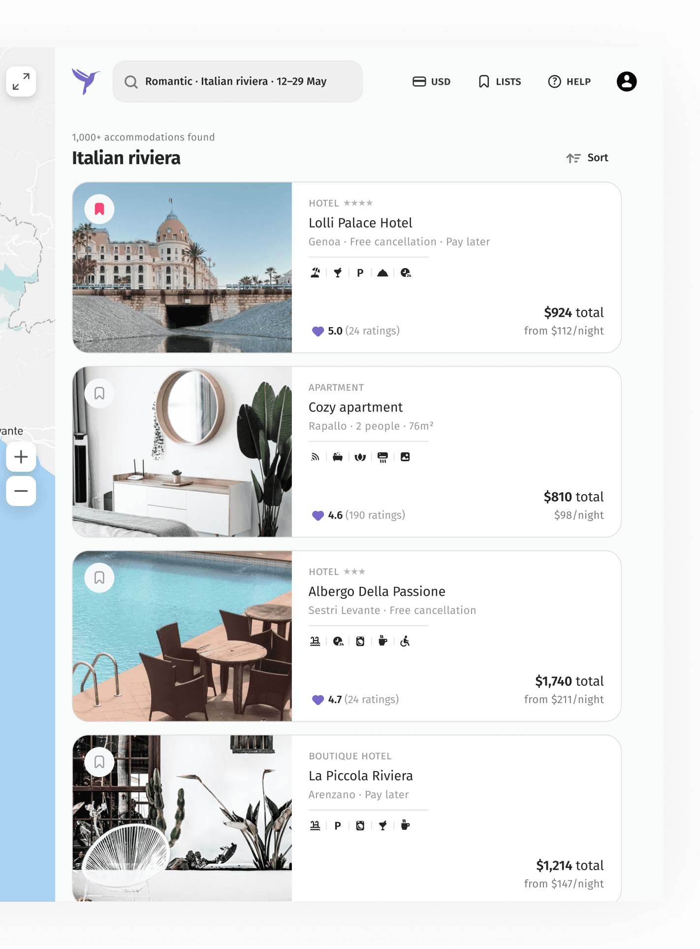 An image of search results of a romantic trip in italian riviera
