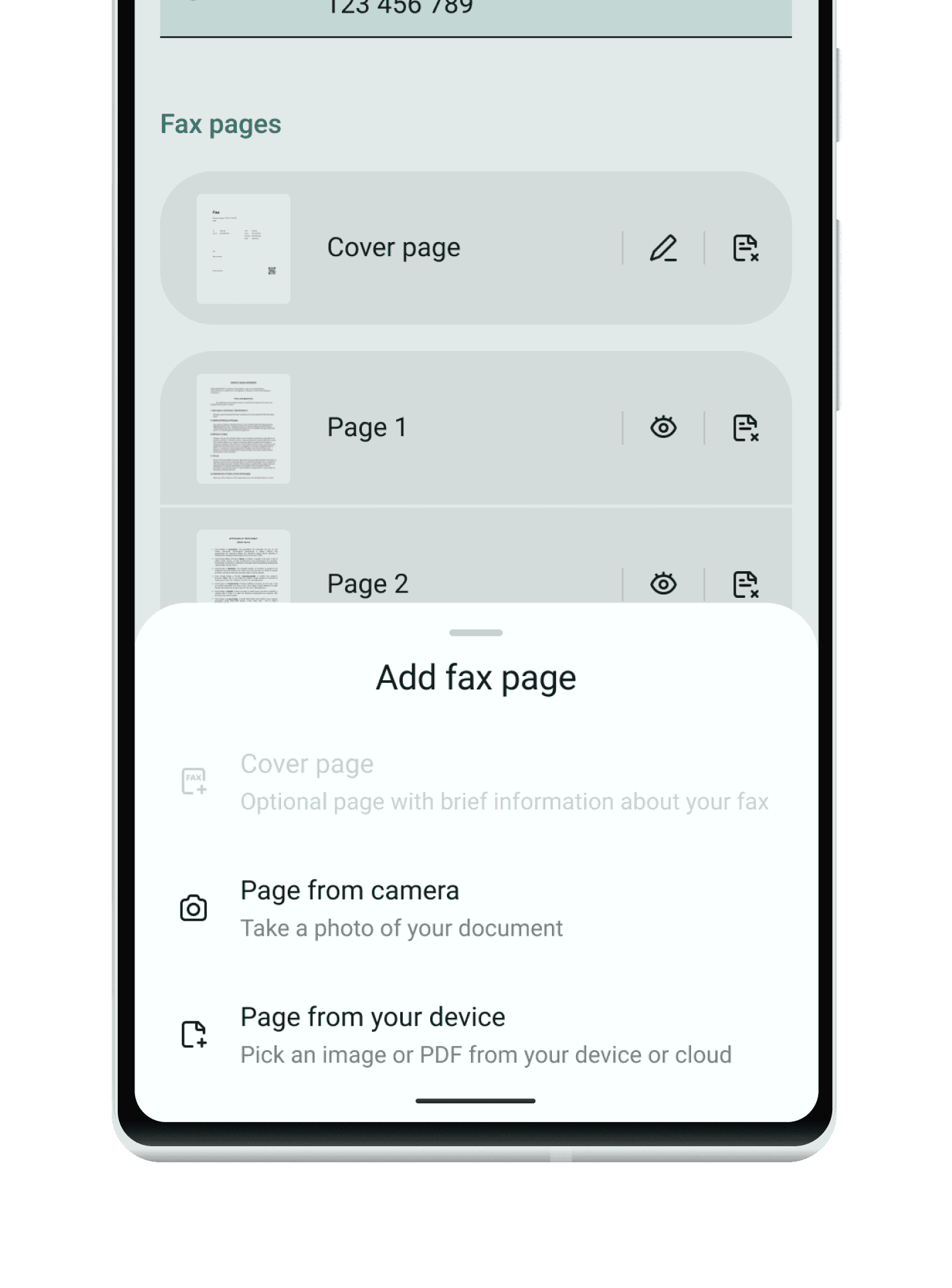 Bottom sheet with add new page actions in Android Fax app