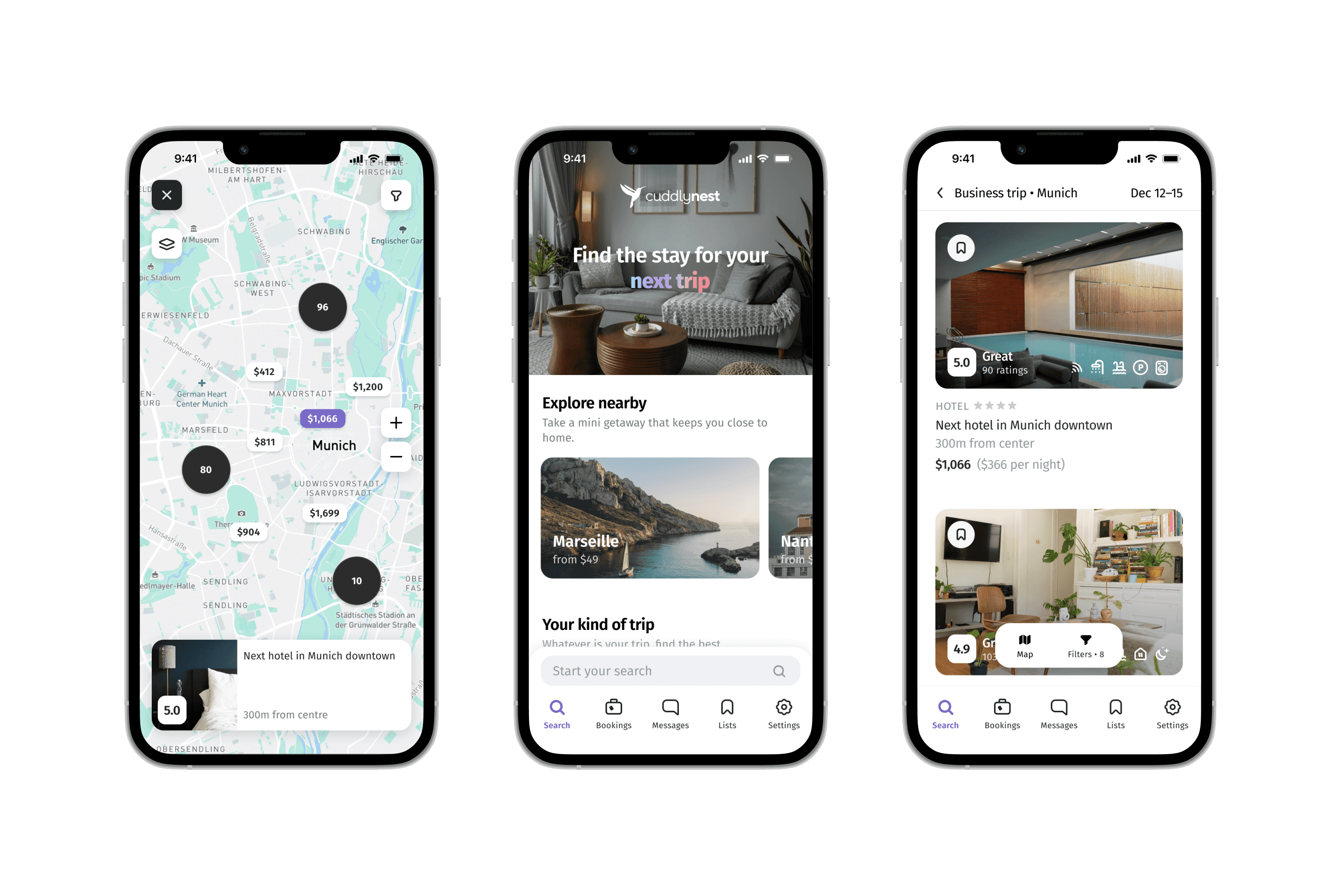 Image of three app screens—map, homescreen and search results
