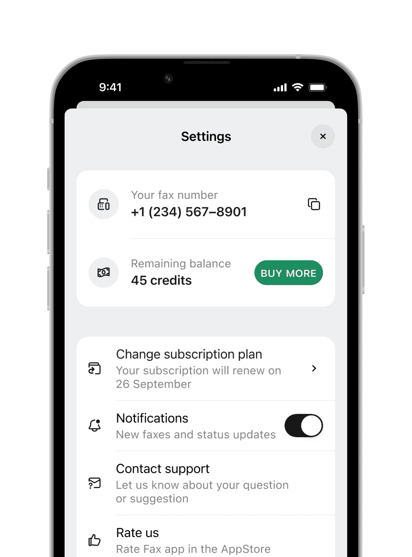 Settings screen of the iPhone Fax app