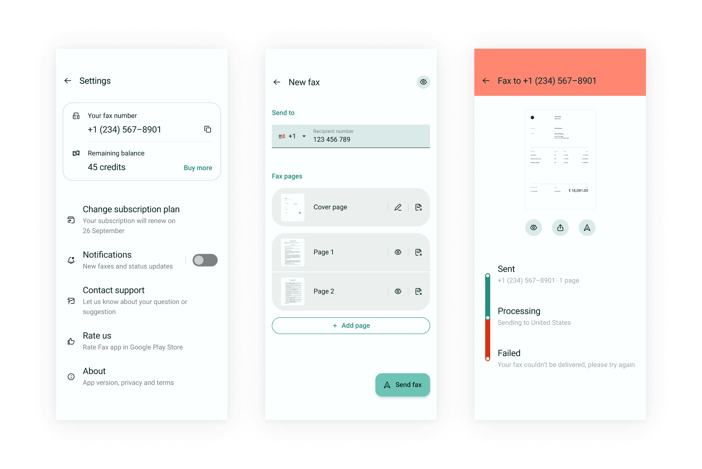 Three screens of the Android Fax app: app settings, new fax composition and failed fax status