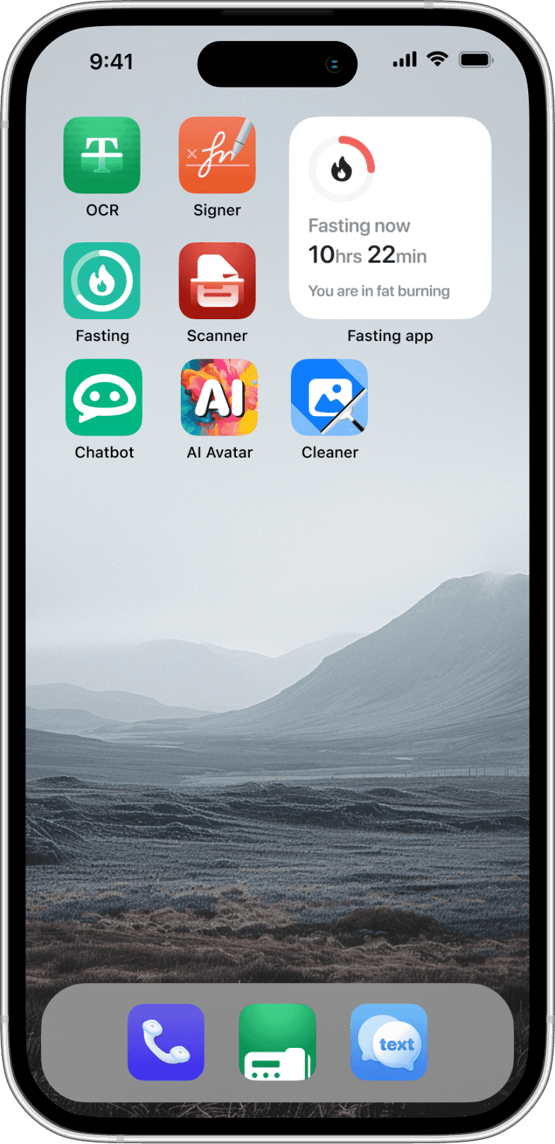 Image of the phone with 7 app icons and a widget