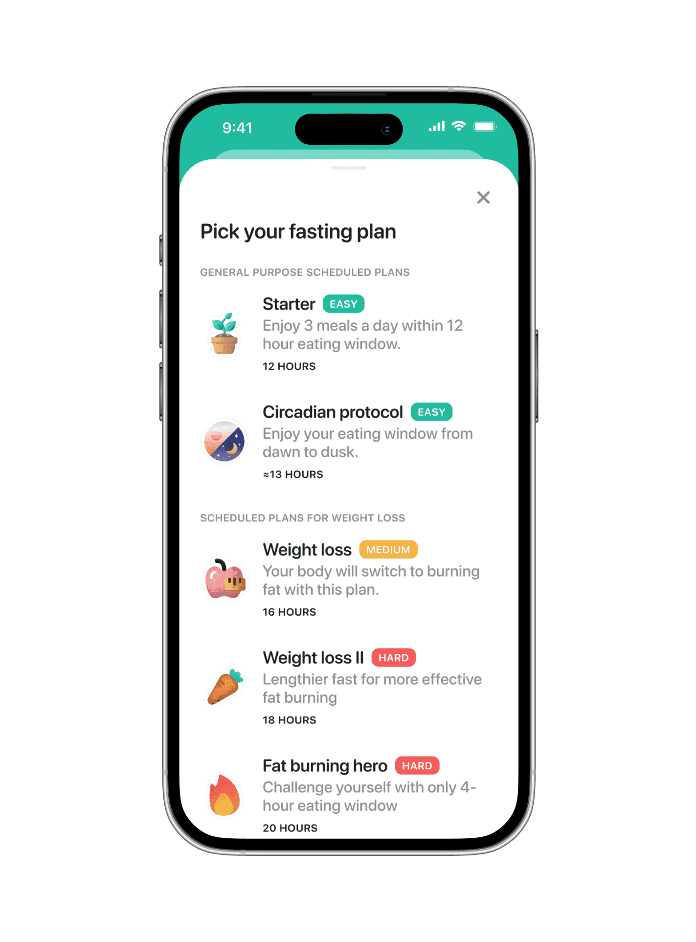 Fasting plan picker with 5 plans visible on the screen